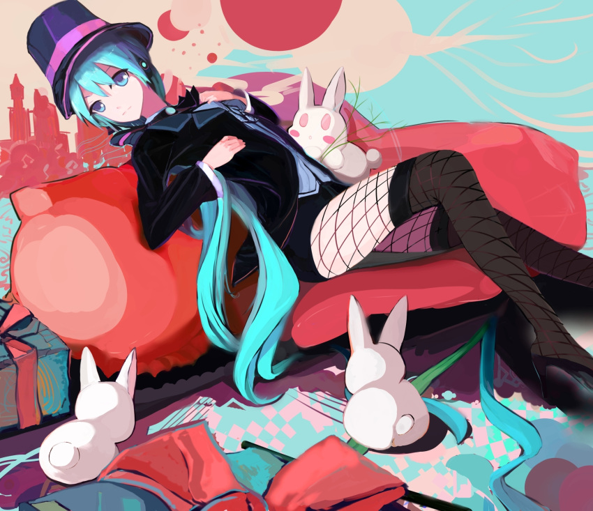 aqua_hair, bunny, fishnet_pantyhose, fishnets, hat, hatsune_miku, highres, long_hair