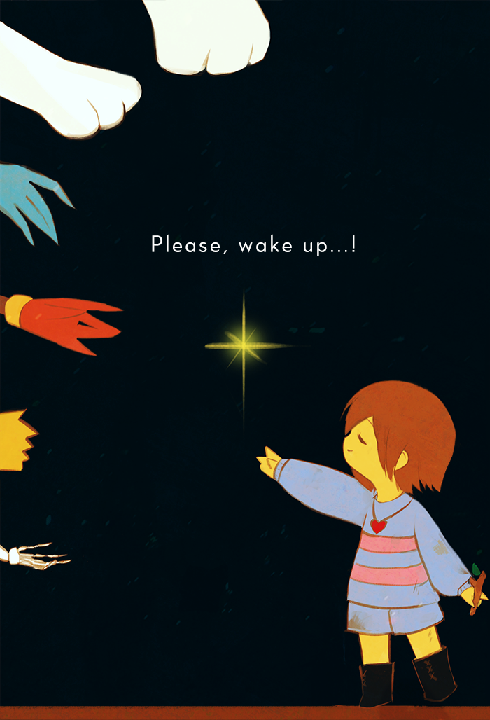 1other, 2017, 2d, 3boys, 3girls, alphys, ambiguous_gender, ankle_boots, asgore_dreemurr, black_background, blue_shirt, blue_shorts, blue_skin, boots, brown_boots, brown_hair, child, delomia, digital_media, double_horizontal_stripe, english_text, frisk_(undertale), gloves, heart_necklace, horizontal-striped_clothes, human, jewelry, multiple_boys, multiple_girls, other_focus, out_of_frame, papyrus_(undertale), paws, pink_stripes, reaching, red_gloves, sans_(undertale), shirt, short_hair, shorts, simple_background, skeletal_hand, skeleton, solo_focus, sparkle, striped_clothes, striped_shirt, text, toriel, two-tone_shirt, undertale, undyne, utdr_(toby_fox), white_fur, yellow_skin