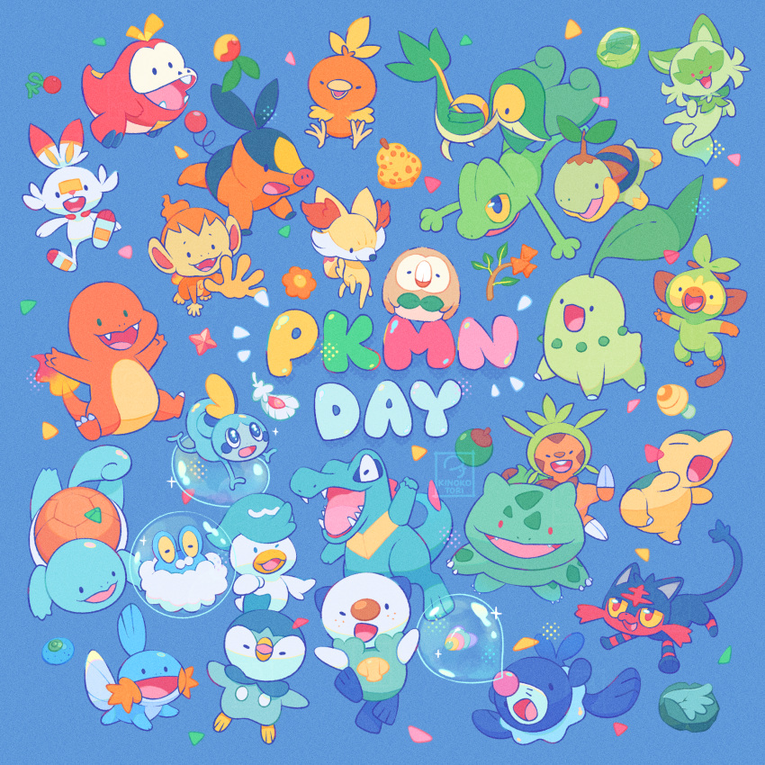berry_(pokemon), blue_background, branch, bubble, bulbasaur, charmander, cheri_berry, chespin