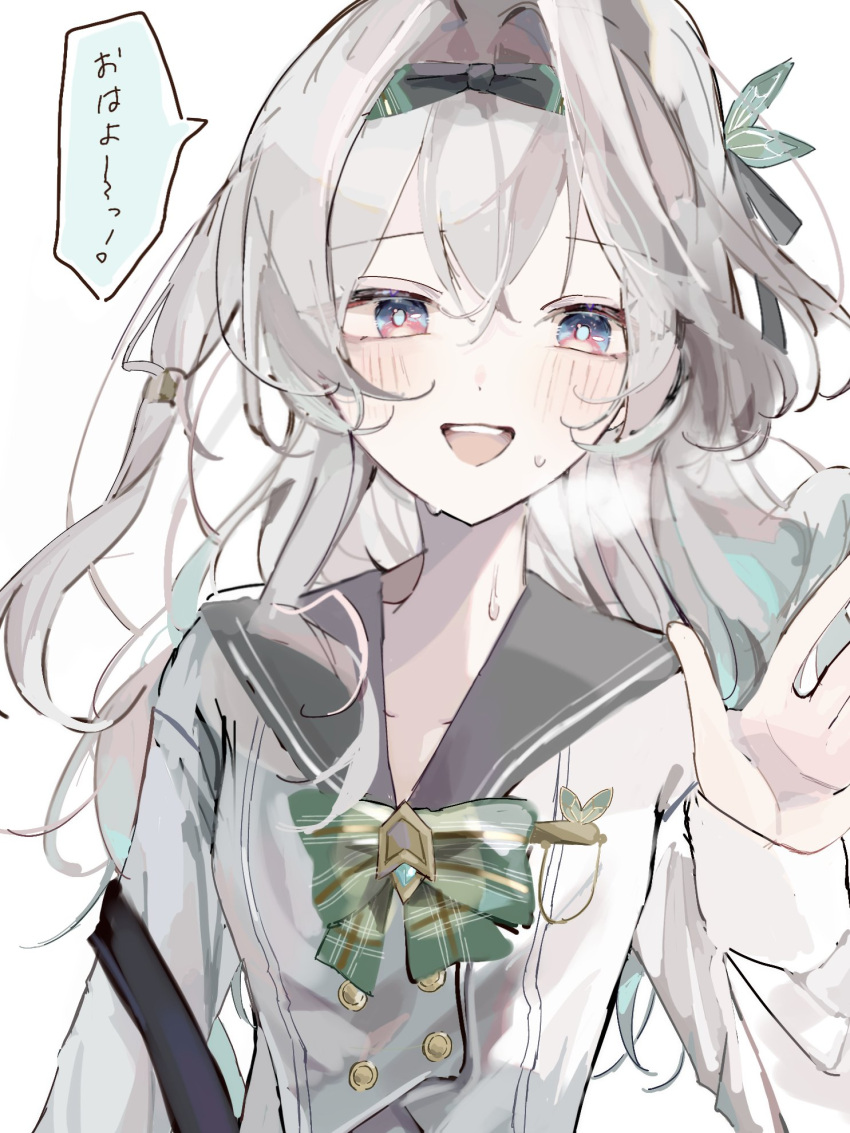 1girl, black_hairband, blush, bow, bowtie, buttons, collared_shirt, double-breasted