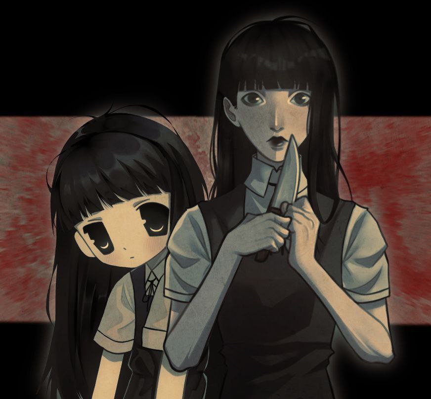 1girl, black_border, black_dress, black_eyes, black_hair, black_lips, blunt_bangs, border, closed_mouth, collared_shirt, dress, fear_&amp;_hunger_(series), fear_&amp;_hunger_2:_termina, hashtag-only_commentary, holding, holding_knife, knife, letterboxed, long_hair, looking_at_viewer, maamori_san1, neck_ribbon, pinafore_dress, ribbon, samarie_(fear_&amp;_hunger), shirt, sleeveless, sleeveless_dress, upper_body, white_shirt