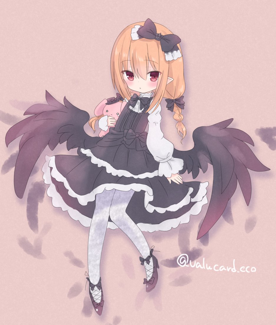 1girl, alternate_costume, black_boots, black_bow, black_dress, black_ribbon, black_wings, blonde_hair