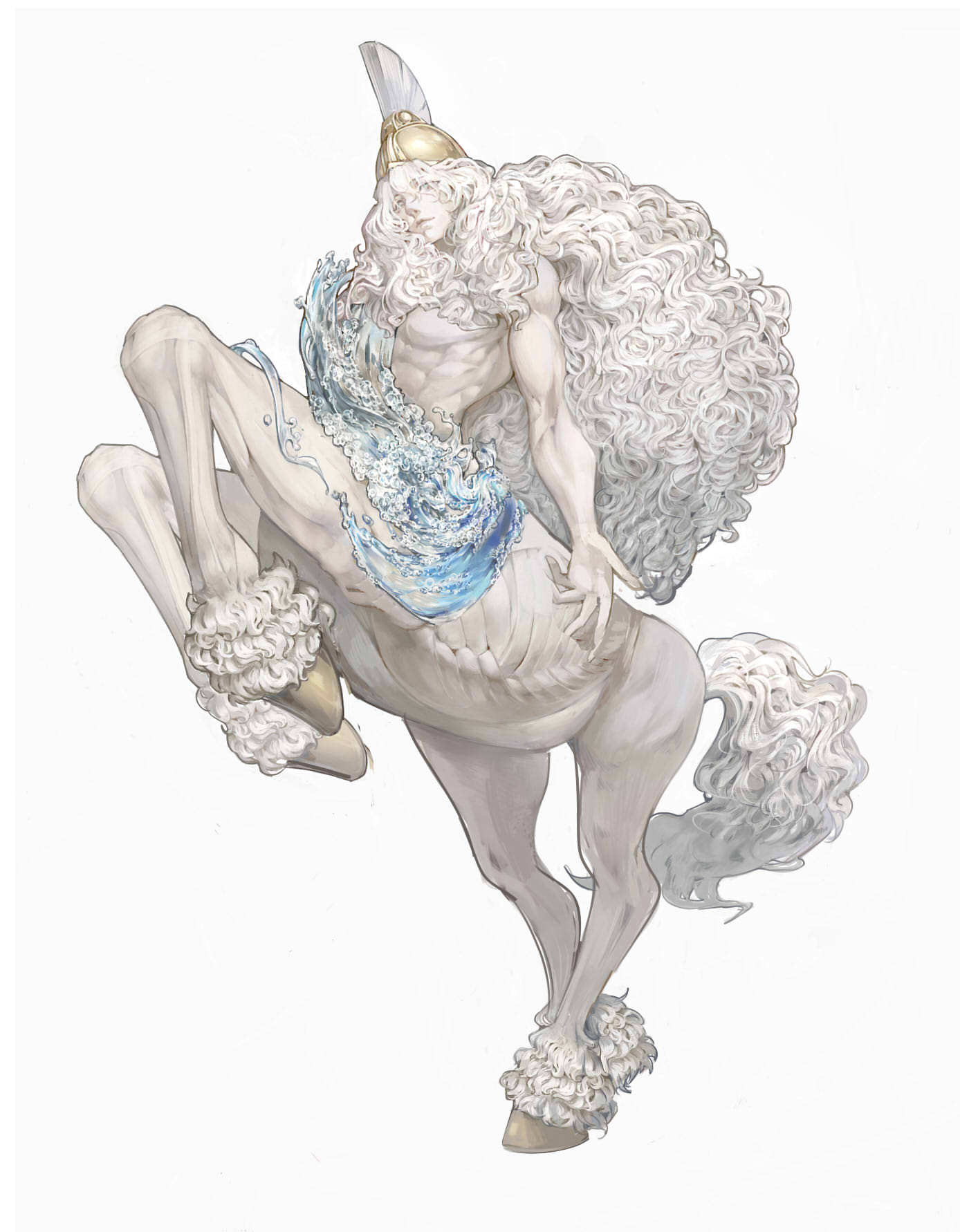 1boy, abs, ancient_greek_clothes, aqua_eyes, bare_pectorals, beckoning, big_hair, centaur