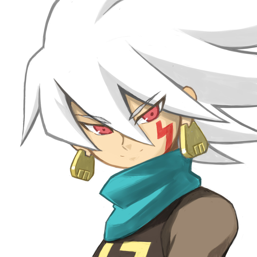 1boy, absurdres, blue_scarf, closed_mouth, earrings, facial_mark, hair_between_eyes, hi-go!