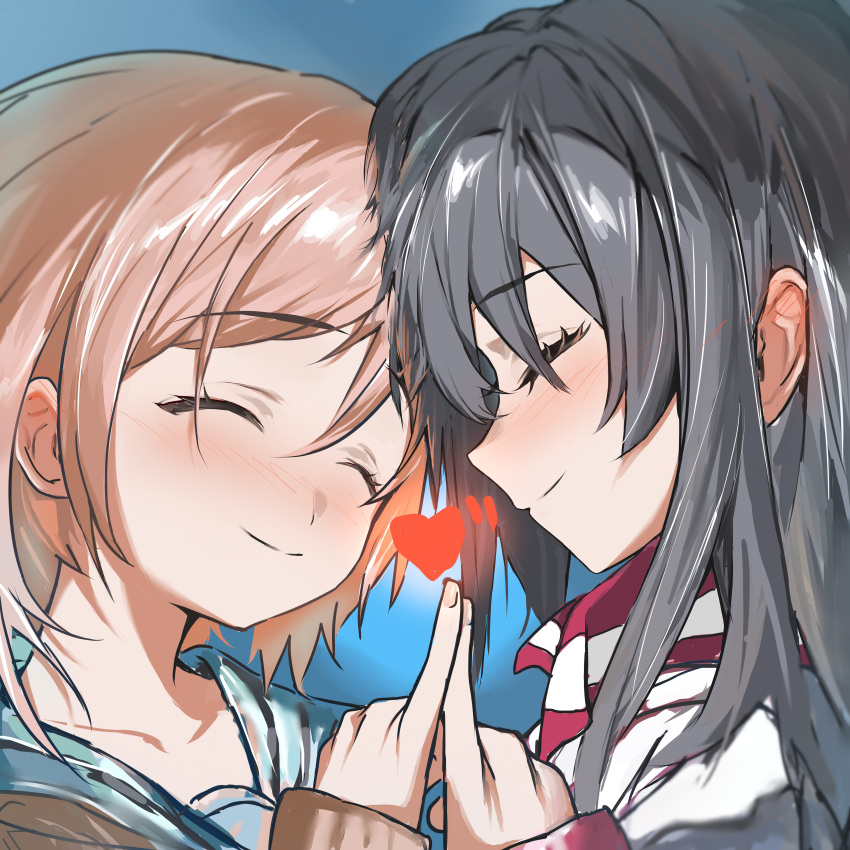 2girls, absurdres, amayo_no_tsuki, ayaunc, black_hair, blue_background, blue_sailor_collar, blush, closed_eyes, closed_mouth, commentary_request, ear_blush, heads_together, heart, highres, kindaichi_saki, multiple_girls, oikawa_kanon, pink_hair, pinky_swear, sailor_collar, school_uniform, short_hair, yuri