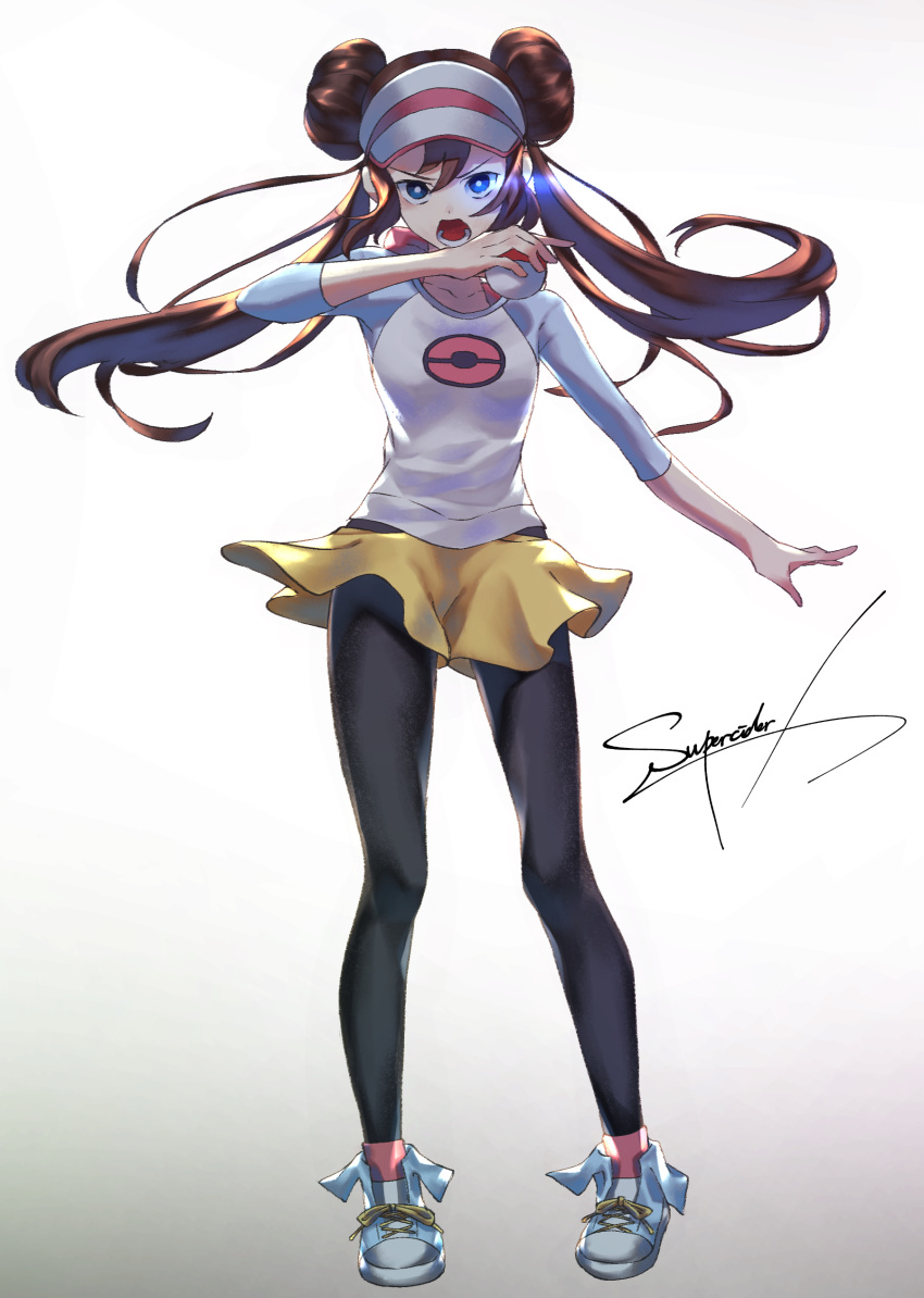 1girl, absurdres, akiwashi, black_pantyhose, blue_eyes, bright_pupils, brown_hair, commentary_request, double_bun, floating_hair, full_body, glowing, glowing_eyes, hair_bun, hand_up, highres, holding, holding_poke_ball, long_hair, looking_at_viewer, open_mouth, pantyhose, pink_socks, poke_ball, poke_ball_(basic), pokemon, pokemon_bw2, raglan_sleeves, rosa_(pokemon), shirt, shoes, shorts, signature, socks, solo, standing, three-quarter_sleeves, twintails, visor_cap, yellow_shorts