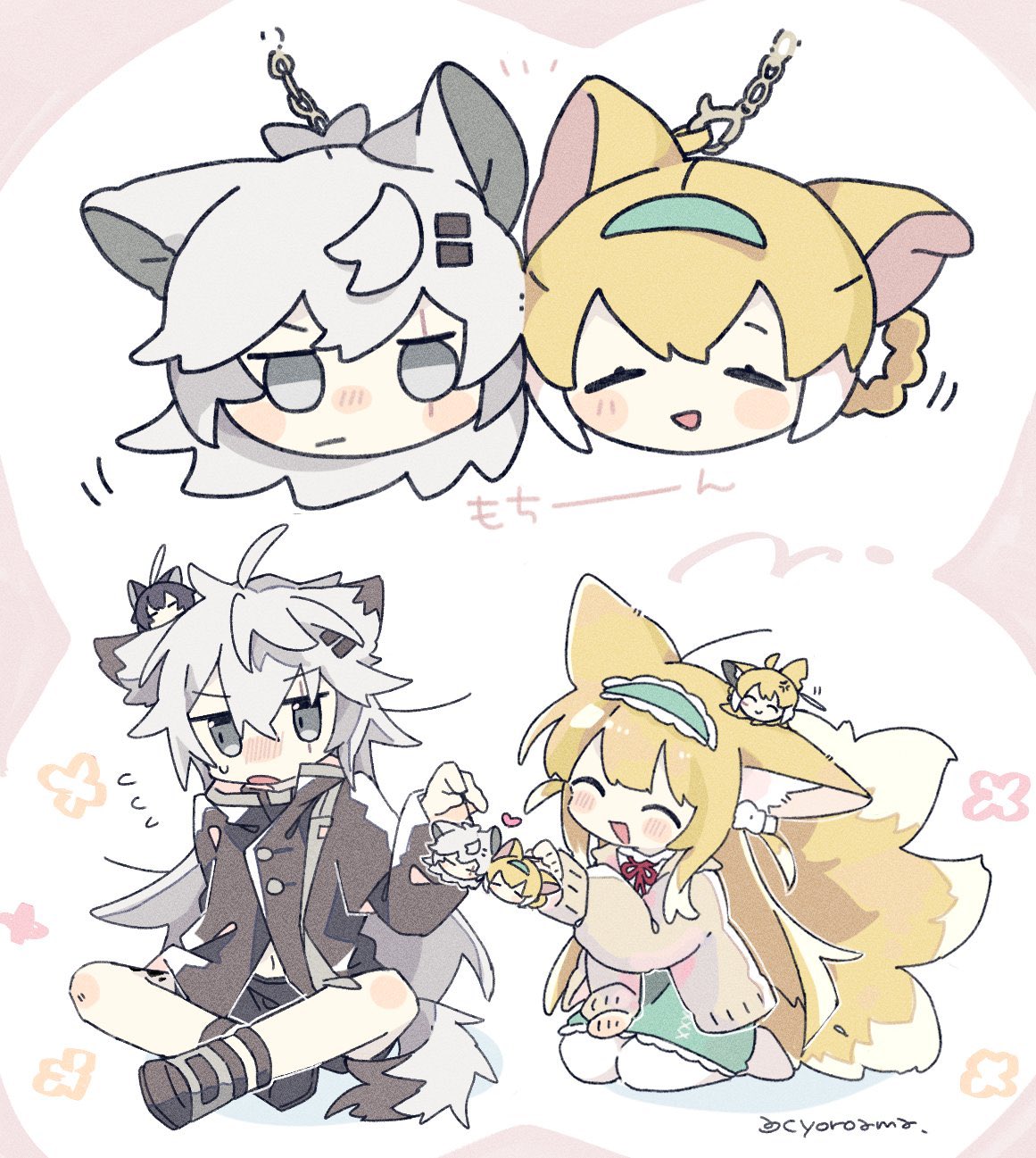 2girls, animal_ear_fluff, animal_ears, arknights, black_jacket, blonde_hair, blue_hairband, closed_eyes