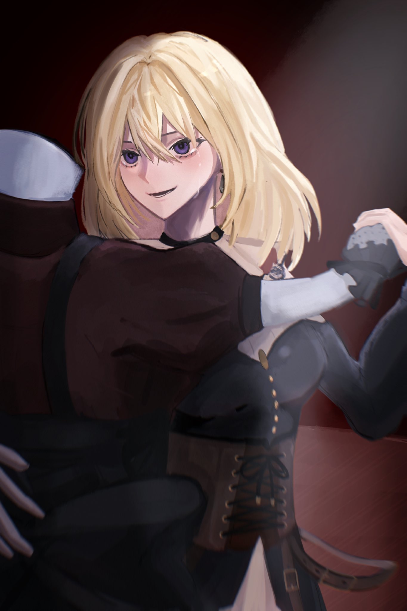 1girl, bang_dream!, bang_dream!_it's_mygo!!!!!, black_dress, blonde_hair, brown_corset, commentary, corset, crying, crying_with_eyes_open, dancing, doloris_(bang_dream!), dress, hair_between_eyes, hashtag-only_commentary, highres, long_sleeves, mannequin, medium_hair, misumi_uika, oblivionis_(bang_dream!), open_mouth, tears, togawa_sakiko, violet_eyes, yu_ux_xy