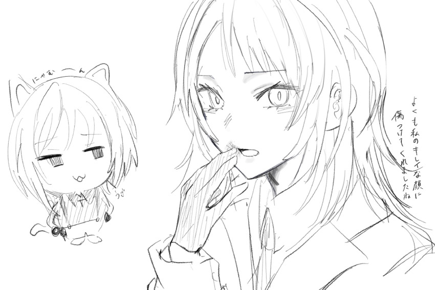 2girls, :3, animal_ears, bang_dream!, bang_dream!_it's_mygo!!!!!, cat_ears, cat_girl, chibi, commentary_request, gloves, greyscale, hand_up, highres, kemonomimi_mode, medium_hair, monochrome, multiple_girls, simple_background, sketch, translation_request, white_background, yahata_umiri, yu_ux_xy, yuutenji_nyamu