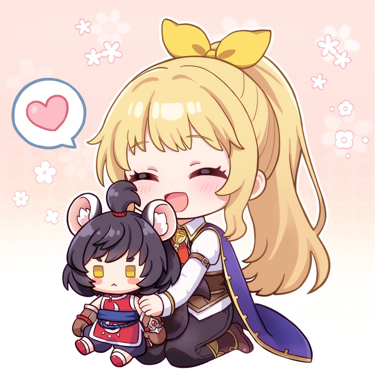 1girl, :<, :d, animal_ear_fluff, arm_belt, black_hair, blonde_hair, blue_cape