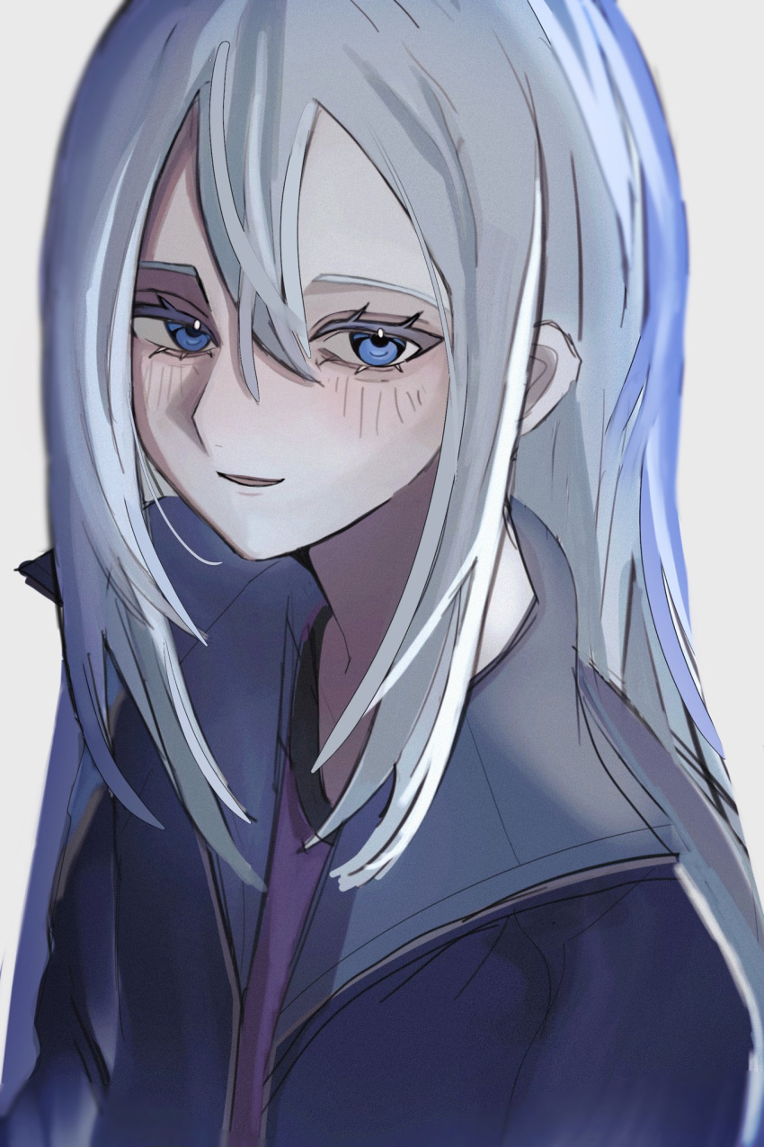 1girl, blue_eyes, blue_jacket, blush, commentary, grey_hair, hair_between_eyes, hashtag-only_commentary