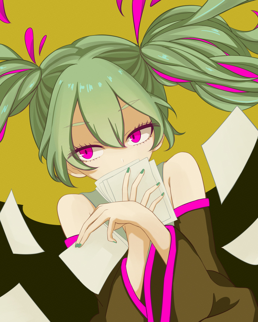 1girl, absurdres, aqua_hair, detached_sleeves, floating_hair, green_hair, hatsune_miku, highres, holding, holding_paper, long_hair, long_sleeves, looking_at_viewer, mousou_zei_(vocaloid), nail_polish, necktie, paper, papers, pink_eyes, pink_necktie, shirt, skirt, sleeveless, solo, thigh-highs, twintails, user_pyws4444, very_long_hair, vocaloid