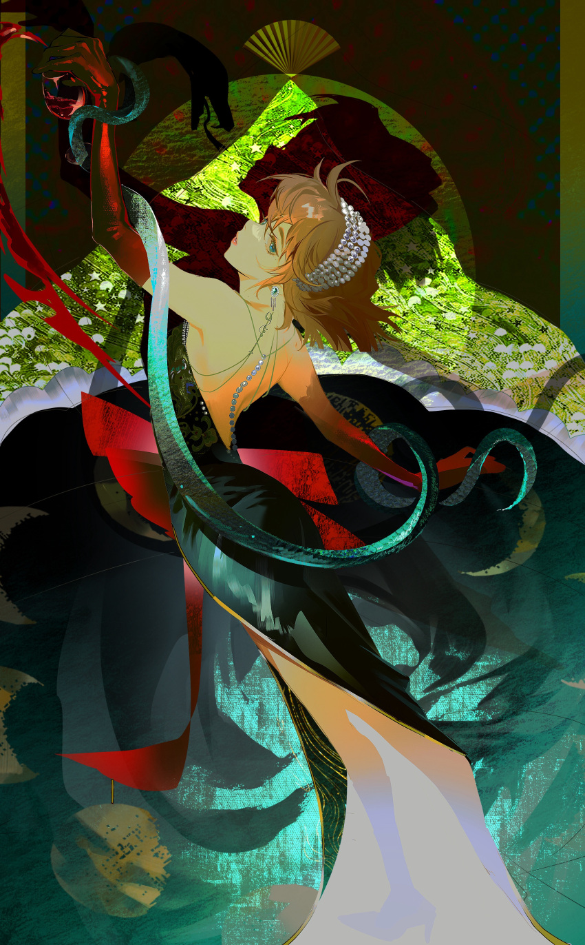 1girl, absurdres, alcohol, arched_back, backless_dress, backless_outfit, black_dress, blue_eyes