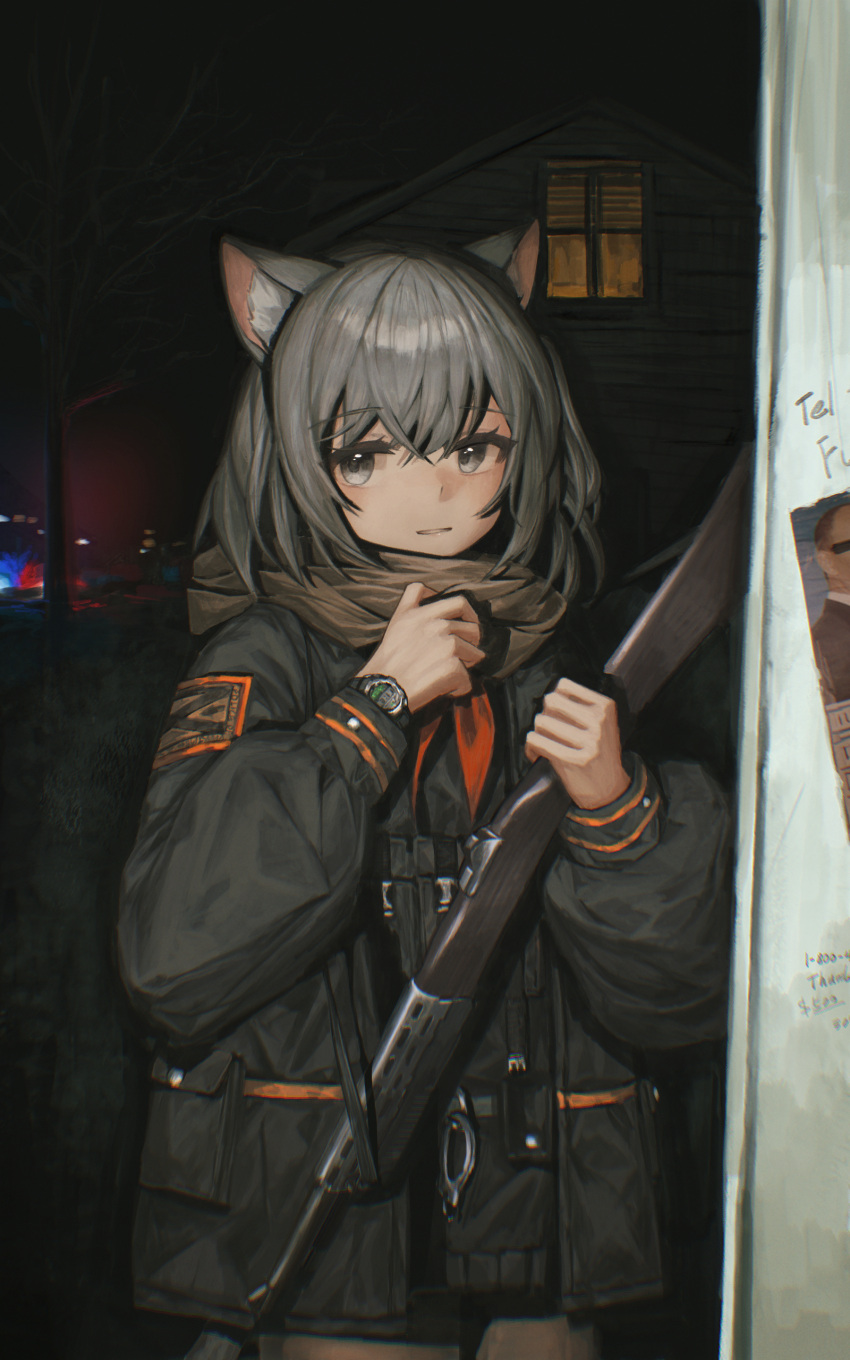 1girl, absurdres, animal_ears, black_jacket, cat_ears, cat_girl, cat_tail, cuffs, doorway, drawer_bushi_huajia, grey_eyes, grey_hair, gun, handcuffs, highres, house, jacket, long_sleeves, looking_at_viewer, night, original, pants, police, pov_doorway, rifle, scarf, tactical_clothes, tail, watch, watch, weapon, weapon_request, wooden_house