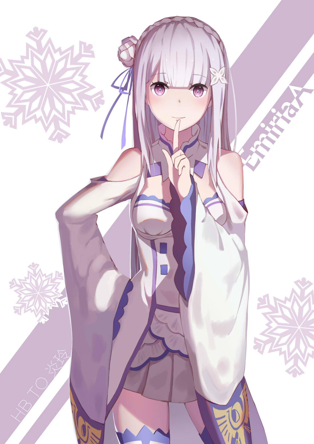 1girl, braid, breasts, crown_braid, dress, emilia_(re:zero), flower, grey_hair