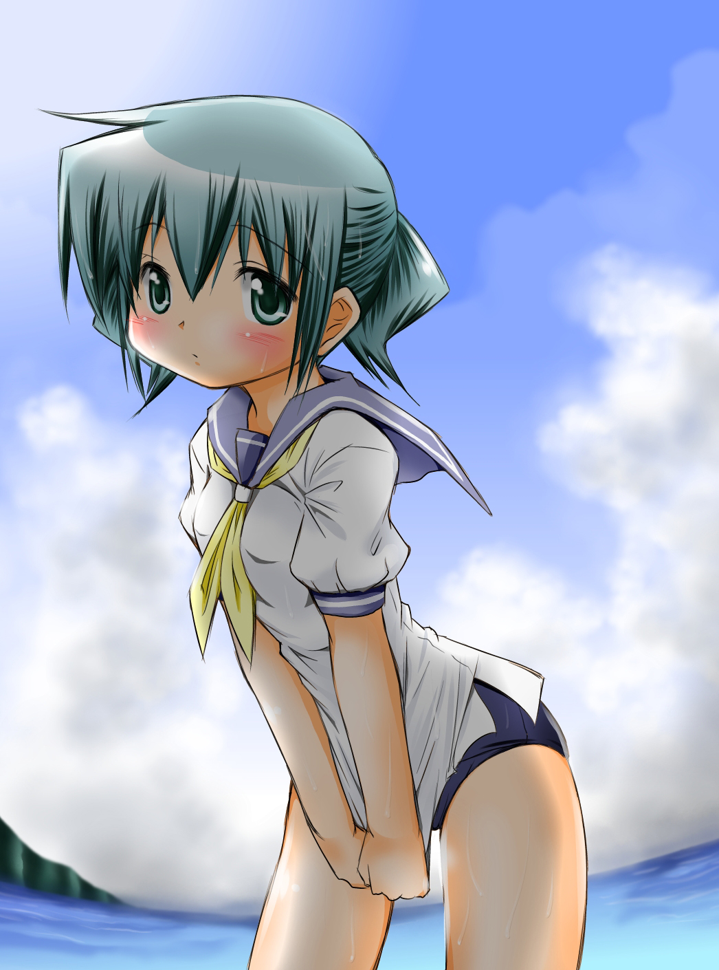 green_hair, hidamari_sketch, highres, nori, school_swimsuit, school_uniform, serafuku, short_hair