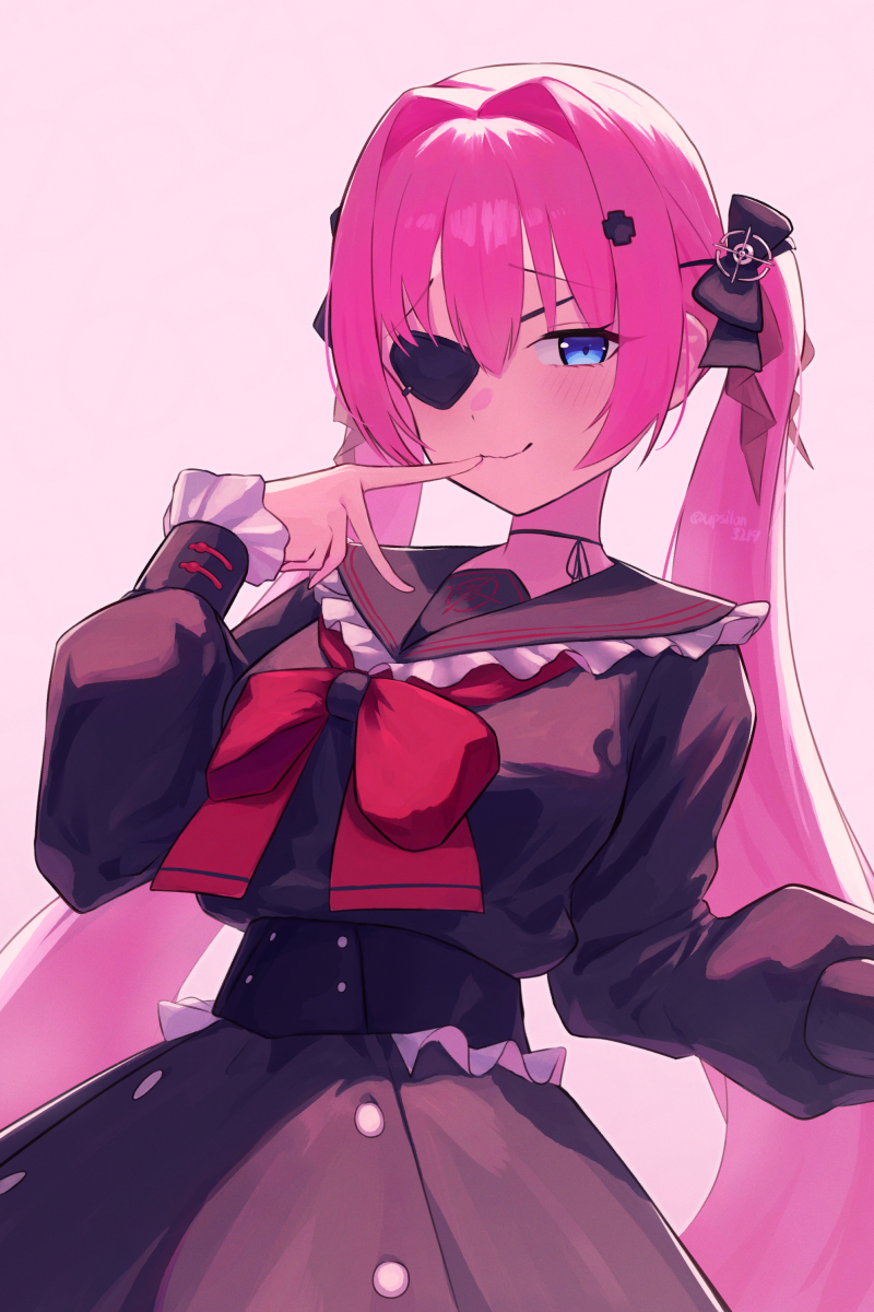 1girl, anis_bennett, black_bow, black_choker, black_dress, black_sailor_collar, blue_eyes, blush, bow, choker, dress, eyepatch, finger_to_mouth, hair_between_eyes, hair_bow, hair_intakes, hair_ornament, highres, long_hair, long_sleeves, looking_at_viewer, muv-luv, muv-luv_girls_garden, pink_hair, ribbon_choker, sailor_collar, sailor_dress, simple_background, solo, upsilon3219, very_long_hair