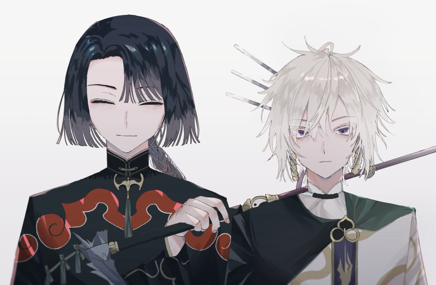 2boys, black_hair, braid, braided_ponytail, chinese_clothes, closed_eyes, crossover, earrings