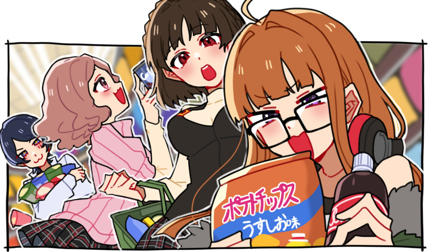 +_+, 1boy, 3girls, :3, :d, ahoge, bag_of_chips, bare_shoulders