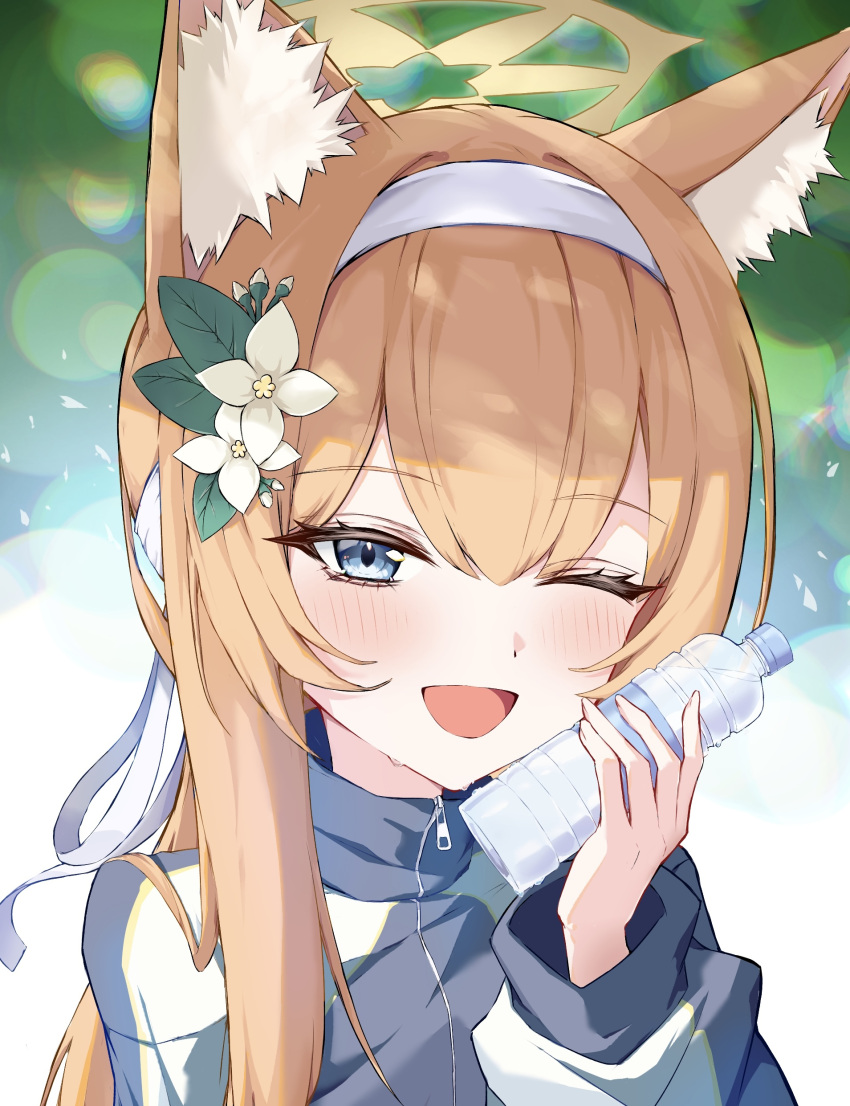 1girl, absurdres, animal_ears, blonde_hair, blue_archive, blue_eyes, blush, bottle