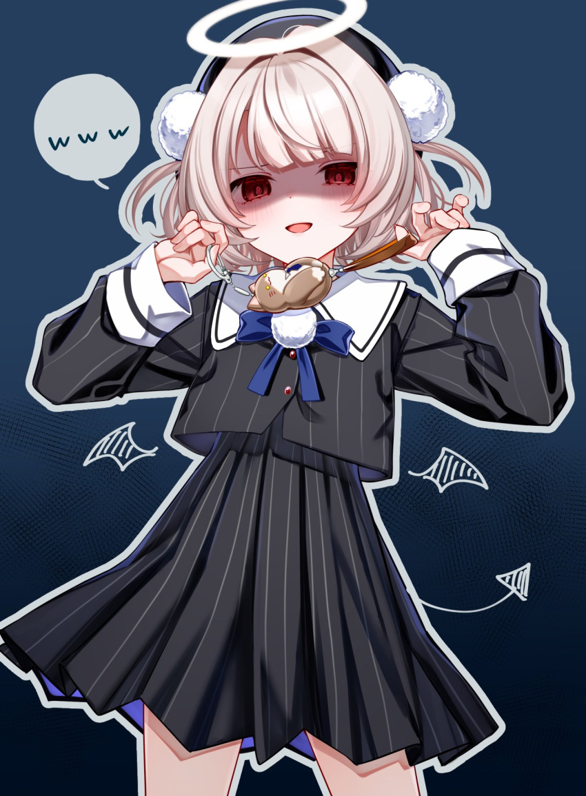 1girl, :d, beret, black_hat, black_serafuku, black_shirt, black_skirt, blue_background