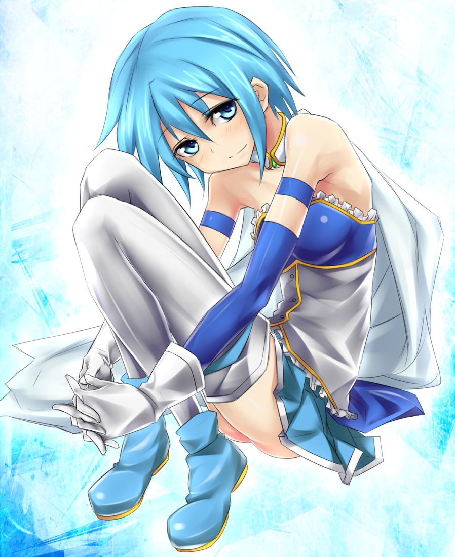 blue_eyes, blue_hair, cape, detached_sleeves, gloves, keikotsu, leg_hug, mahou_shoujo_madoka_magica