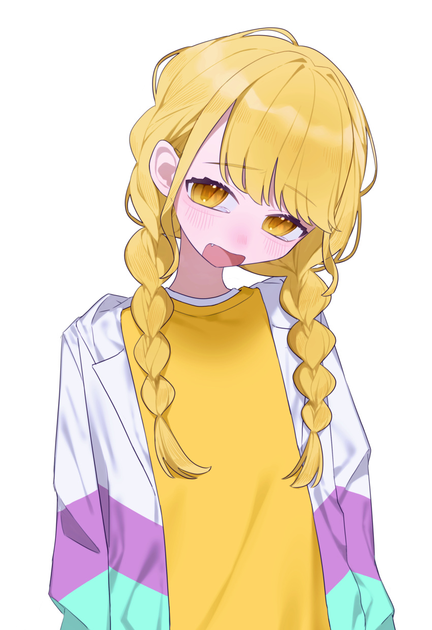 1girl, absurdres, blonde_hair, blush, braid, commentary_request, fang, fujita_kotone