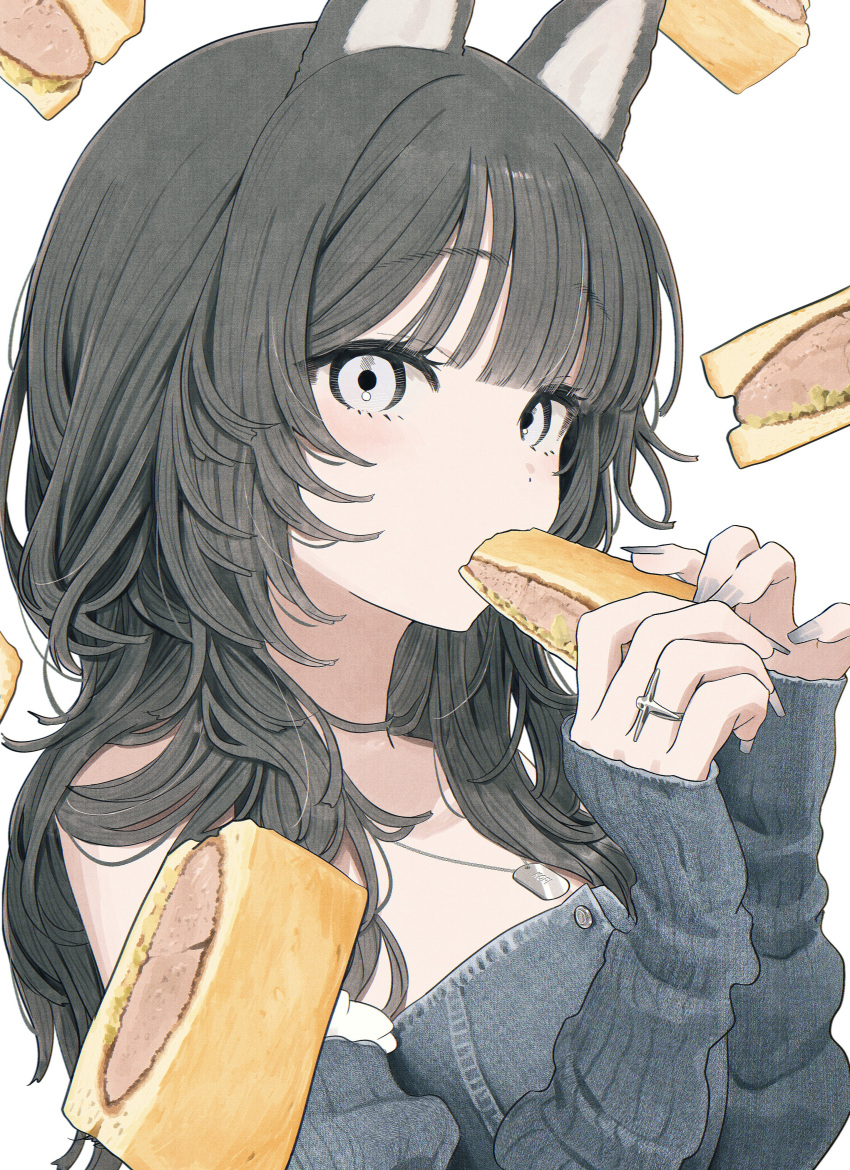 1girl, absurdres, animal_ears, bare_shoulders, black_hair, blunt_bangs, commentary, detached_sleeves