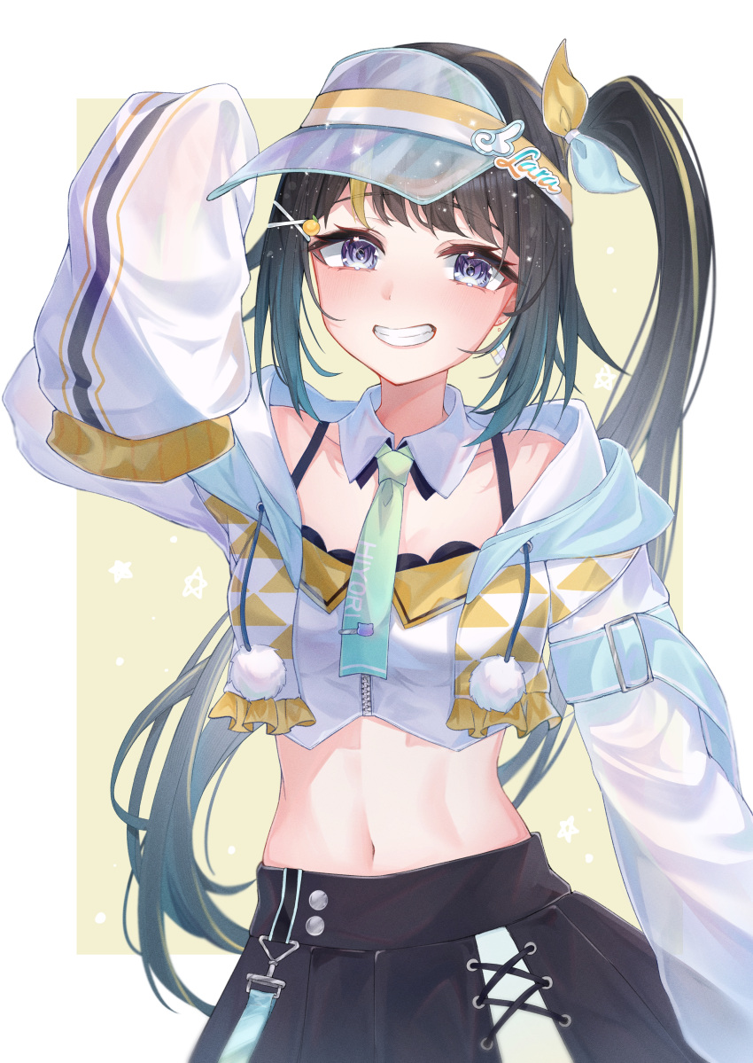 1girl, 5uma1, absurdres, arm_up, black_hair, blonde_hair, blue_eyes, breasts, crop_top, cropped_jacket, detached_collar, grin, hair_ornament, hairclip, highres, hiyori_lara, hood, jacket, long_hair, long_sleeves, looking_at_viewer, midriff, multicolored_hair, navel, necktie, short_necktie, side_ponytail, sleeves_past_wrists, smile, solo, stomach, streaked_hair, upper_body, very_long_hair, virtual_youtuber, visor_cap, white_jacket, x_hair_ornament