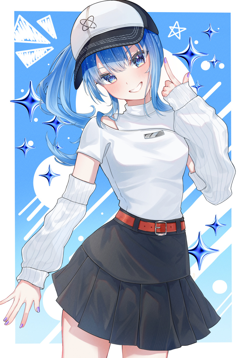 1girl, 5uma1, absurdres, alternate_costume, belt, black_skirt, blue_eyes, blue_hair
