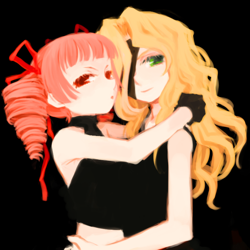 2girls, :o, bandage_over_one_eye, black_background, black_gloves, blonde_hair, blunt_bangs, commentary_request