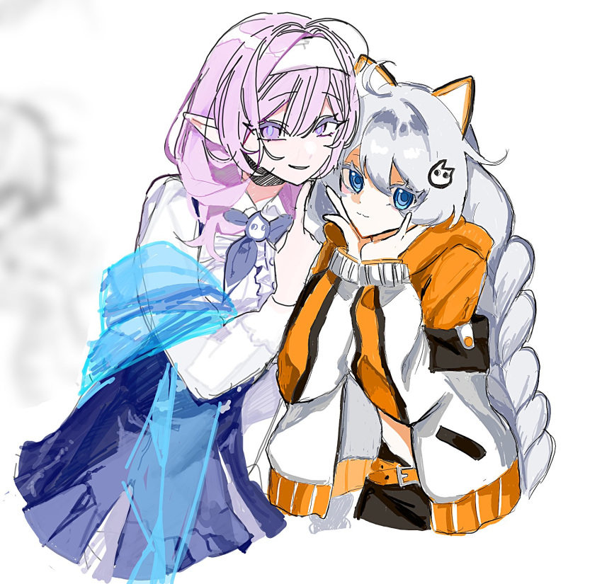 2girls, ahoge, black_skirt, blue_eyes, blue_scarf, blue_skirt, braid, commentary_request