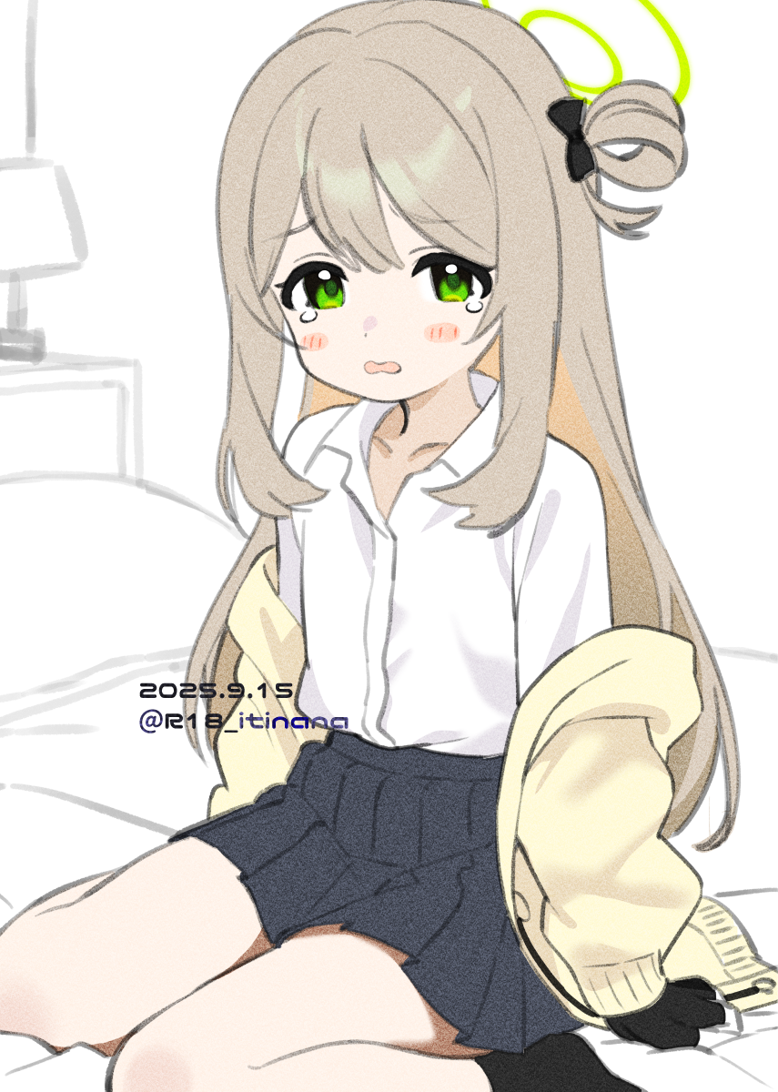 1girl, aged_down, black_gloves, black_skirt, blue_archive, blush, brown_hair, collared_shirt