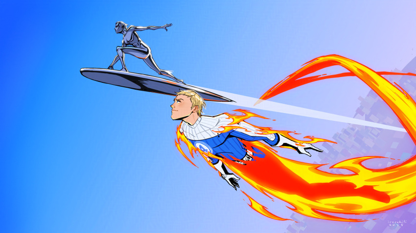 1boy, 1girl, blonde_hair, blue_bodysuit, blue_sky, bodysuit, day, fantastic_four
