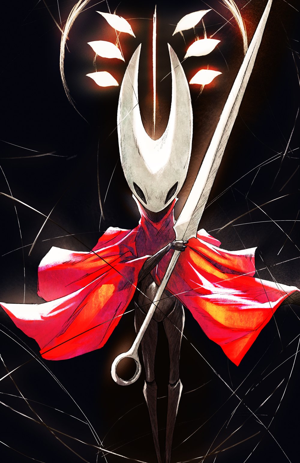 1girl, arthropod_girl, black_background, black_eyes, black_skin, blank_eyes, chun_lo, cloak