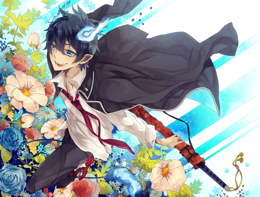 ao_no_exorcist, black_hair, blue_eyes, fire, flower, guru_(nicocco), happy, male