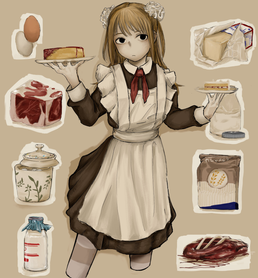 1girl, absurdres, apron, black_dress, black_eyes, blonde_hair, bottle, bow, bowtie, butter, cake, cream, cropped_legs, dress, drop_shadow, egg, expressionless, flesh_blood_&amp;_concrete, food, grey_background, highres, long_hair, long_sleeves, looking_at_viewer, meat, milk_bottle, nika_(flesh_blood_&amp;_concrete), pale_skin, pantyhose, plate, raw_meat, red_bow, red_bowtie, simple_background, solo, striped_clothes, striped_pantyhose, tataeyo_gekisakuka, white_apron