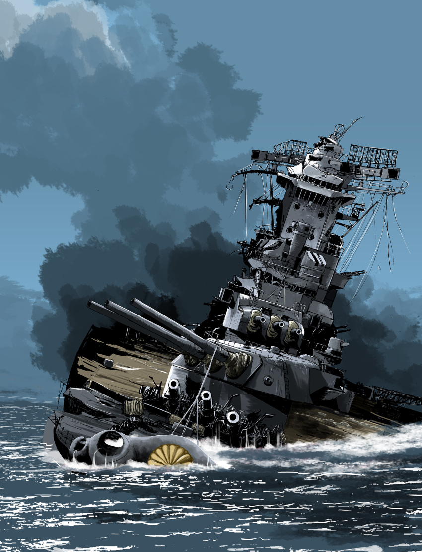 absurdres, anti-aircraft_gun, autocannon, battleship, blue_sky, cannon, hashtag-only_commentary, highres