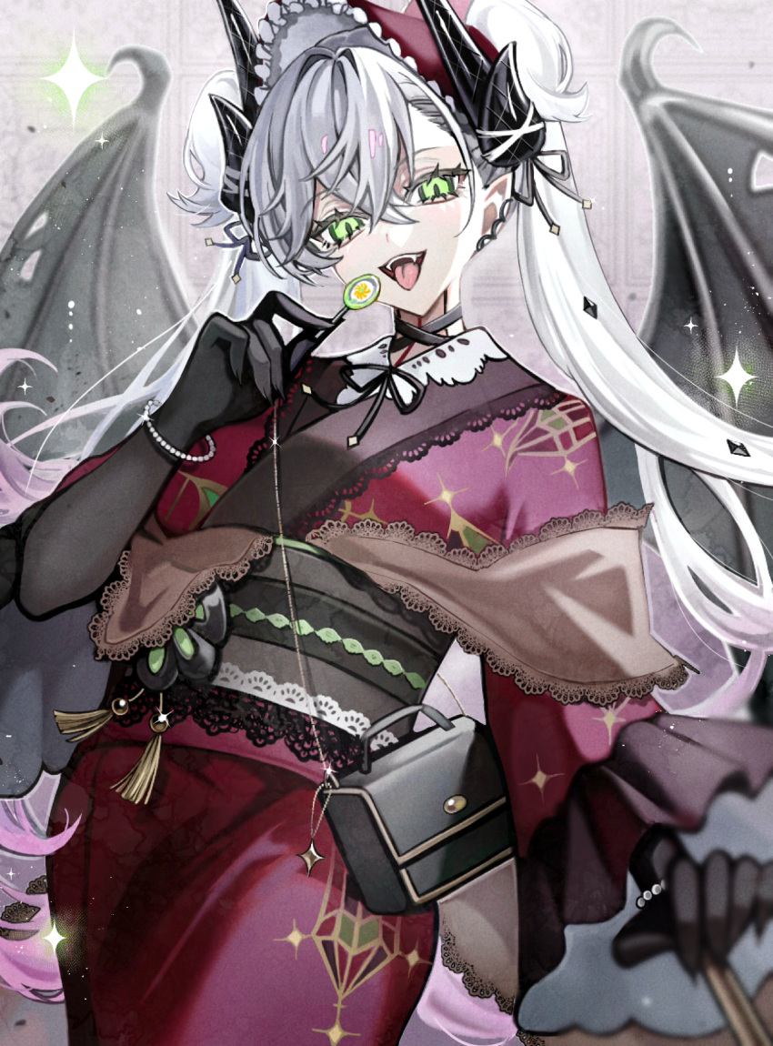 1girl, black_hands, body_markings, breasts, candy, choker, colored_extremities, crossed_bangs