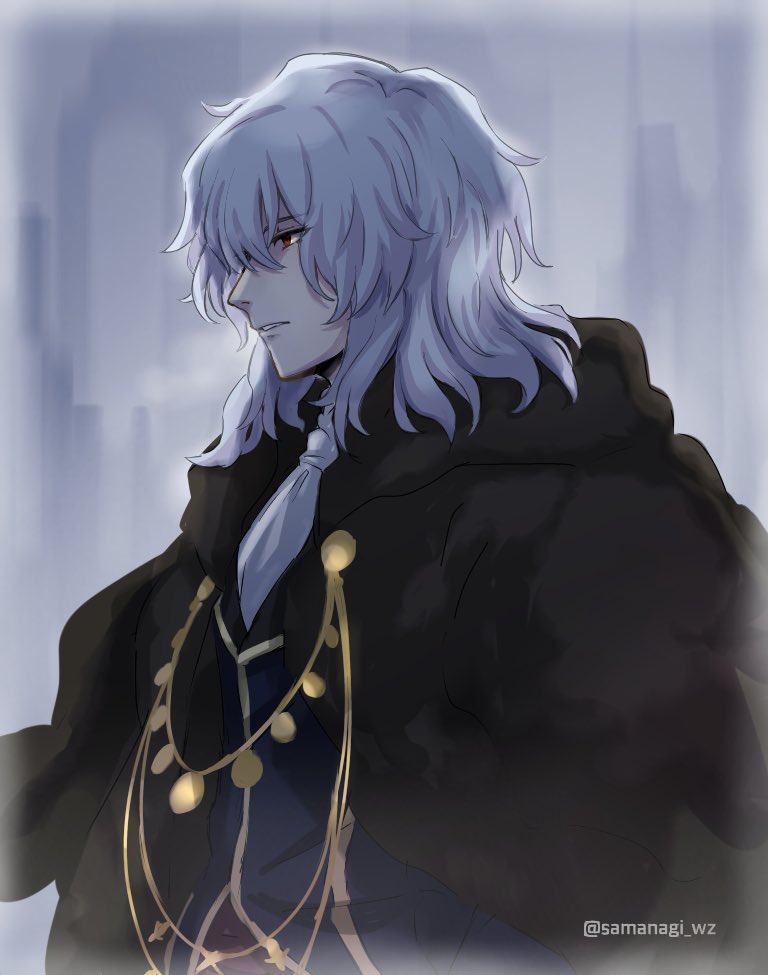 1boy, ascot, blue_coat, coat, expressionless, formal_clothes, from_side, fur_coat