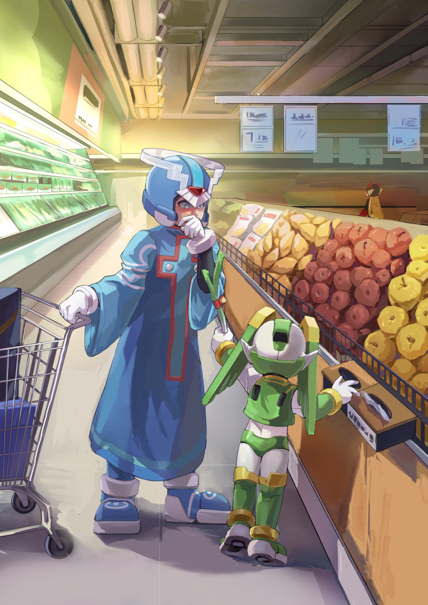 2boys, armor, blue_eyes, blue_robe, cyber_elf_x_(mega_man), father_and_son, food, forehead_jewel