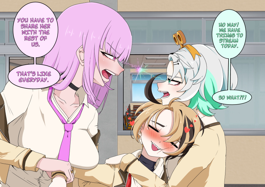 3girls, absurdres, ahoge, blazer, blush, brown_hair, cecilia_immergreen, choker, colored_inner_hair, earrings, english_text, gigi_murin, grabbing_another's_arm, green_eyes, green_hair, highres, holding, hololive, hololive_english, jacket, jewelry, lightning_glare, long_hair, long_sleeves, mori_calliope, multicolored_hair, multiple_girls, necktie, open_mouth, pink_eyes, pink_hair, pink_necktie, school_uniform, sharp_teeth, shirt, short_hair, smile, soda_pop3423, streaked_hair, teeth, two-tone_hair, virtual_youtuber, winding_key, yuri