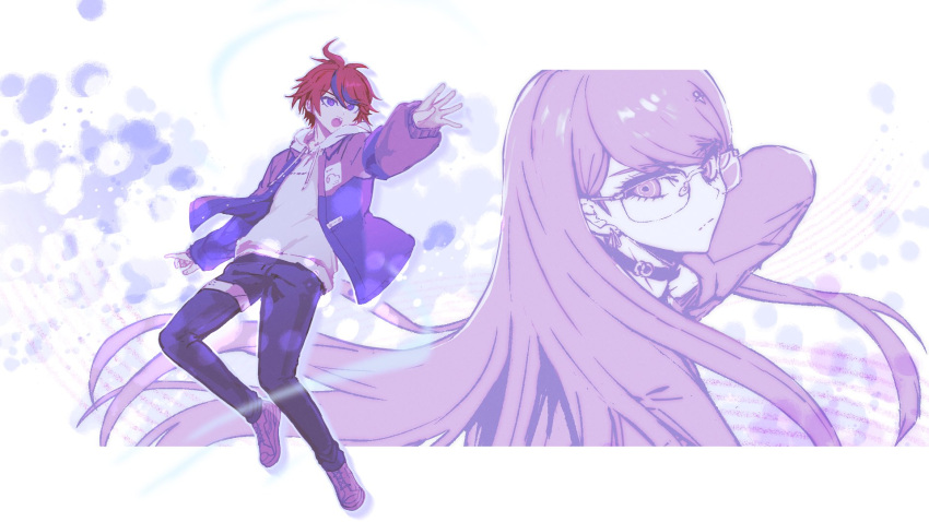 1boy, 1girl, arm_up, black_streaks, character_background, choker, frown, glasses