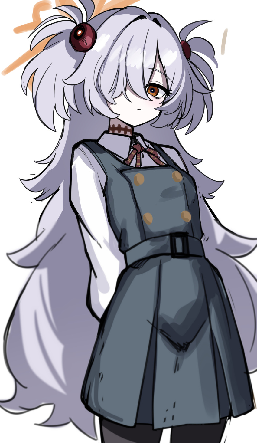 1girl, absurdres, blue_archive, collared_shirt, commentary, dress, dutch_angle, expressionless