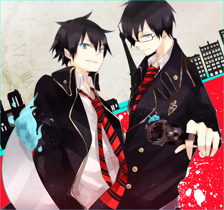 amane_mio, ao_no_exorcist, brothers, glasses, green_eyes, gun, male, multiple_boys
