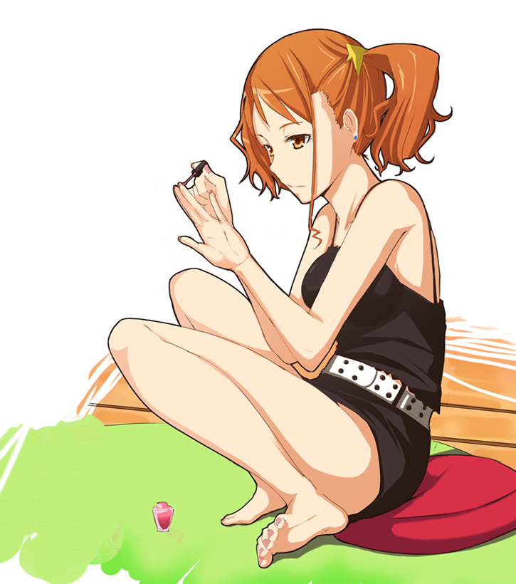 ano_hi_mita_hana_no_namae_wo_bokutachi_wa_mada_shiranai, asymmetrical_hair, bare_legs, barefoot, belt, brown_eyes, brown_hair, earrings