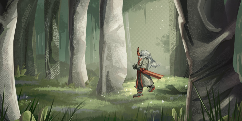 1other, boots, forest, full_body, grass, highres, horns, katana_(phighting!), light_rays, long_hair, mask, nature, outdoors, painterly, phighting!, reveriedyue, robe, scabbard, scenery, sheath, solo, very_long_hair, walking, white_hair, white_robe