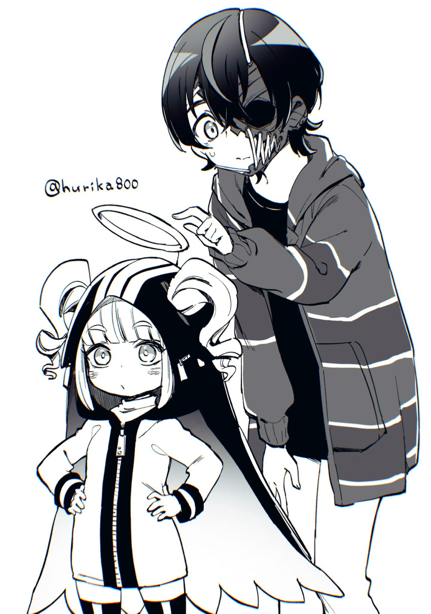 2girls, cape, commentary, greyscale, hair_between_eyes, half_mask, halo, hands_on_own_hips