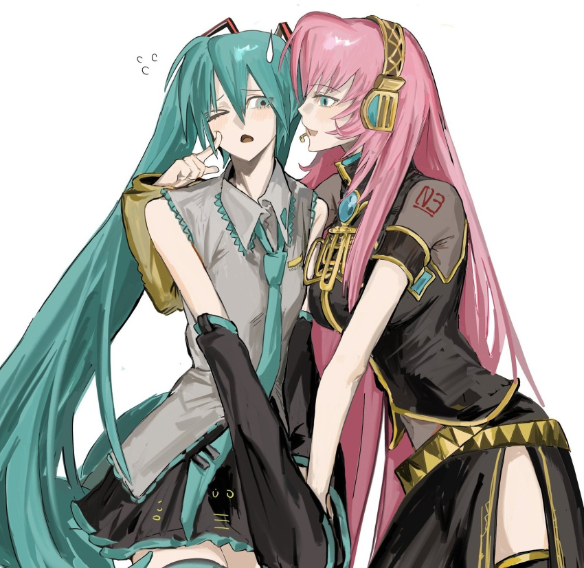 2girls, aqua_eyes, aqua_hair, bad_id, bad_twitter_id, baejaan0, bare_shoulders, belt, collared_shirt, couple, detached_sleeves, flying_sweatdrops, from_side, hair_between_eyes, hand_on_another's_cheek, hand_on_another's_face, hatsune_miku, head_tilt, headphones, headset, highres, index_finger_raised, light_blush, long_hair, long_sleeves, looking_to_the_side, megurine_luka, multiple_girls, necktie, official_alternate_costume, one_eye_closed, open_mouth, pink_hair, see-through_clothes, see-through_sleeves, shirt, short_sleeves, side_slit, simple_background, skirt, sleeveless, standing, sweatdrop, twintails, upper_body, vocaloid, white_background, wide_sleeves, yuri