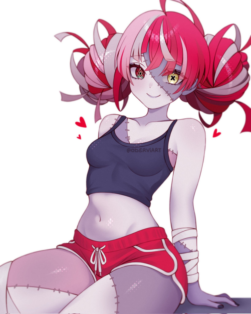 1girl, bandaged_arm, bandages, black_nails, black_tank_top, breasts, colored_skin, commentary